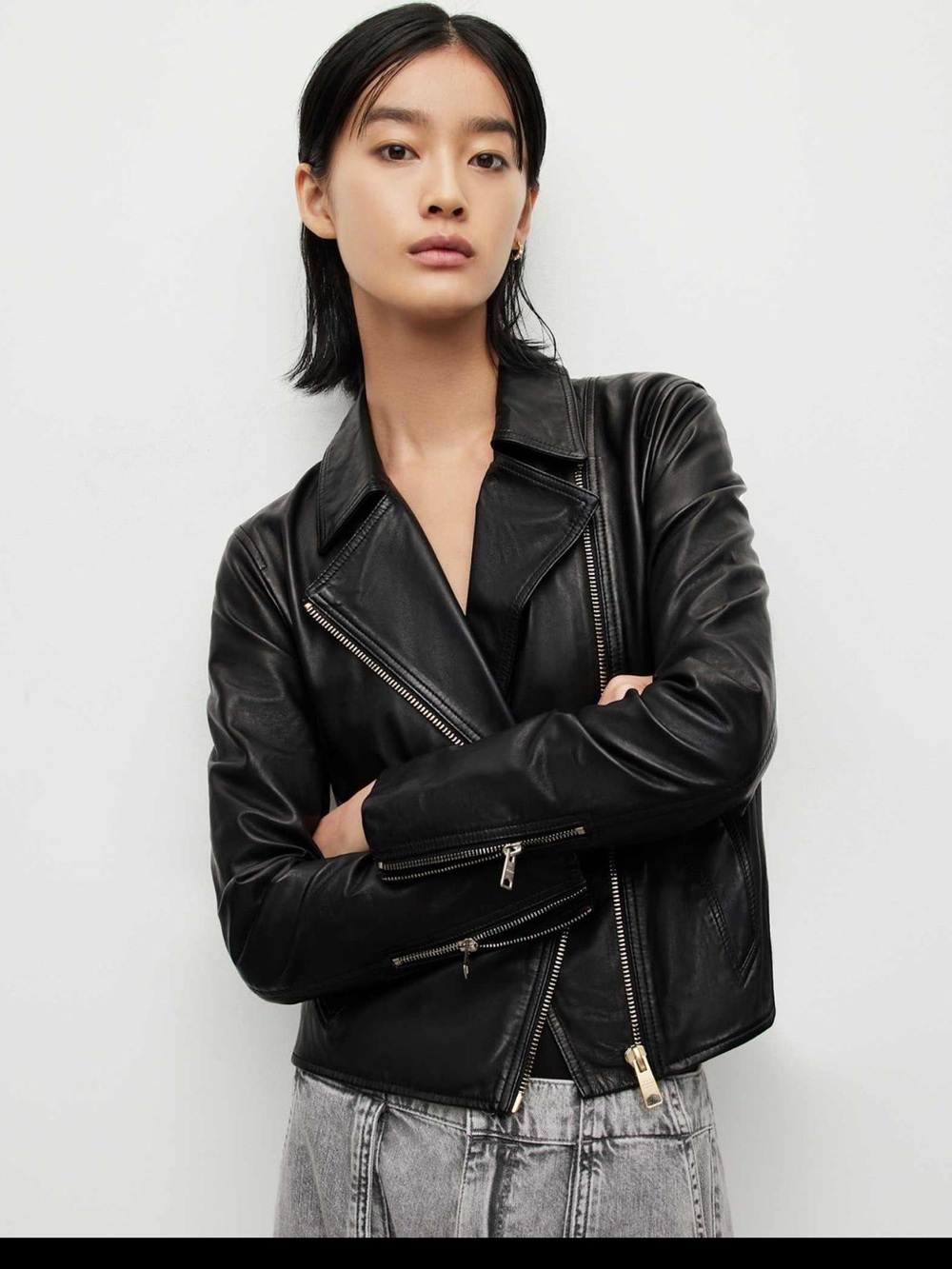 AllSaints Vela Black Lamb Leather Biker Moto Jacket Size 6 Edgy Chic